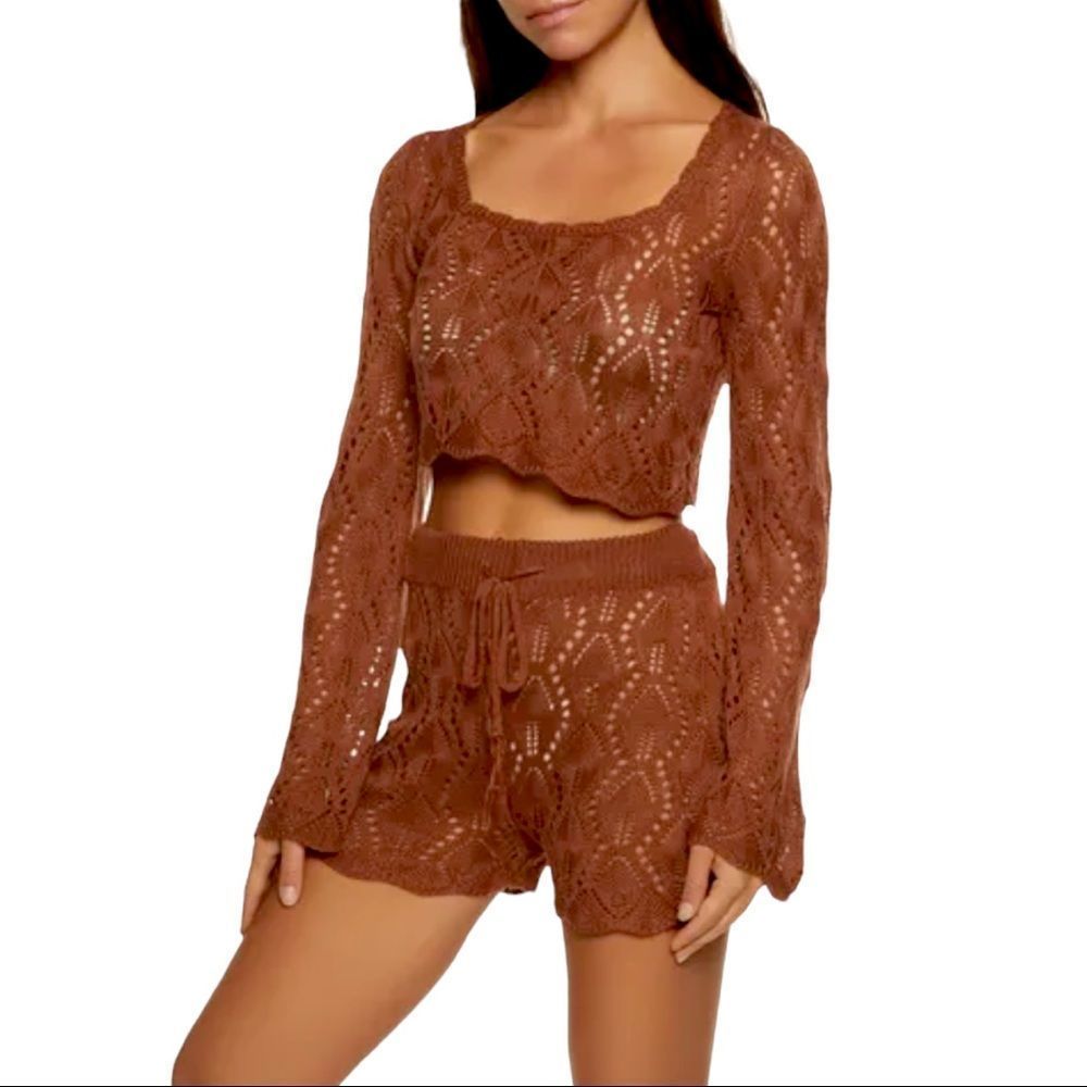 Almost Famous Brown Crochet Long Sleeve Crop Top & Shorts Set